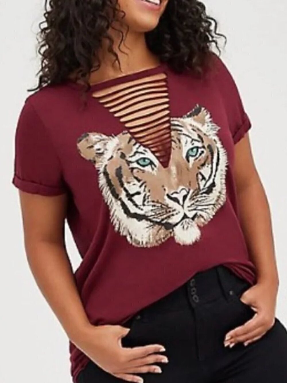 TORRID 1 Plus Size Slash Tiger Tee Slashed Burgundy Maroon Cat Graphic T-Shirt